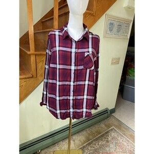 Torrid Lizzie Rayon Twill Button-Up Long Sleeve Shirt Size 1X Burgundy Plaid
